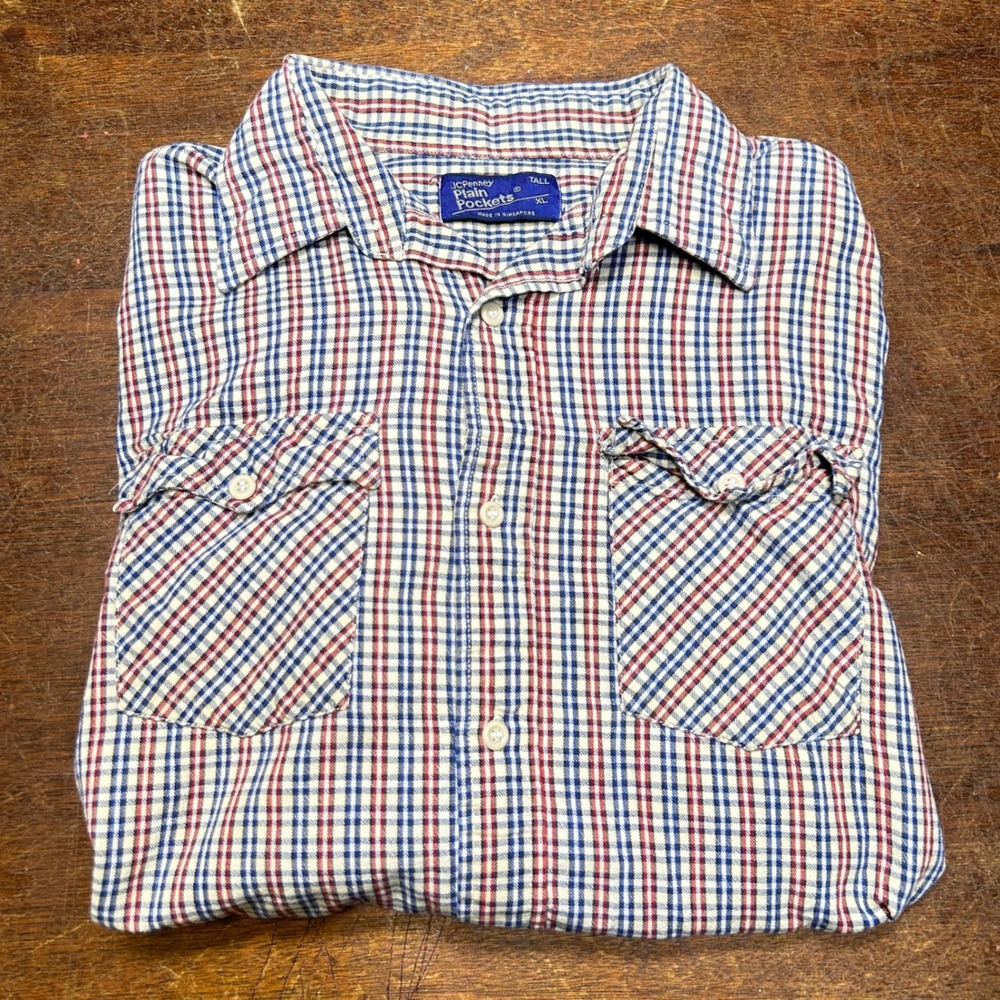 Vintage JCPenney Plain Pockets Plaid Flannel Shirt Mens XL Tall Button Up Casual